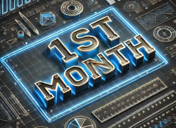 DALL·E 2025-03-20 13.16.13 - A high-tech, futuristic 3D design featuring the text '1ST MONTH' in bold, glowing blue letters with a metallic outline. The background is a dark bluep