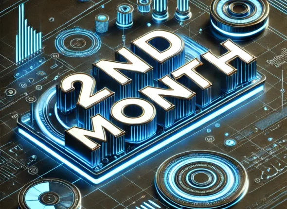 DALL·E 2025-03-20 13.51.05 - A high-tech, futuristic 3D design featuring the text '2ND MONTH' in bold, glowing blue letters with a metallic outline. The background is a dark bluep