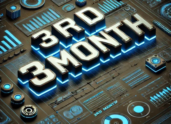 DALL·E 2025-03-20 14.11.18 - A high-tech, futuristic 3D design featuring the text '3RD MONTH' in bold, glowing blue letters with a metallic outline. The background is a dark bluep